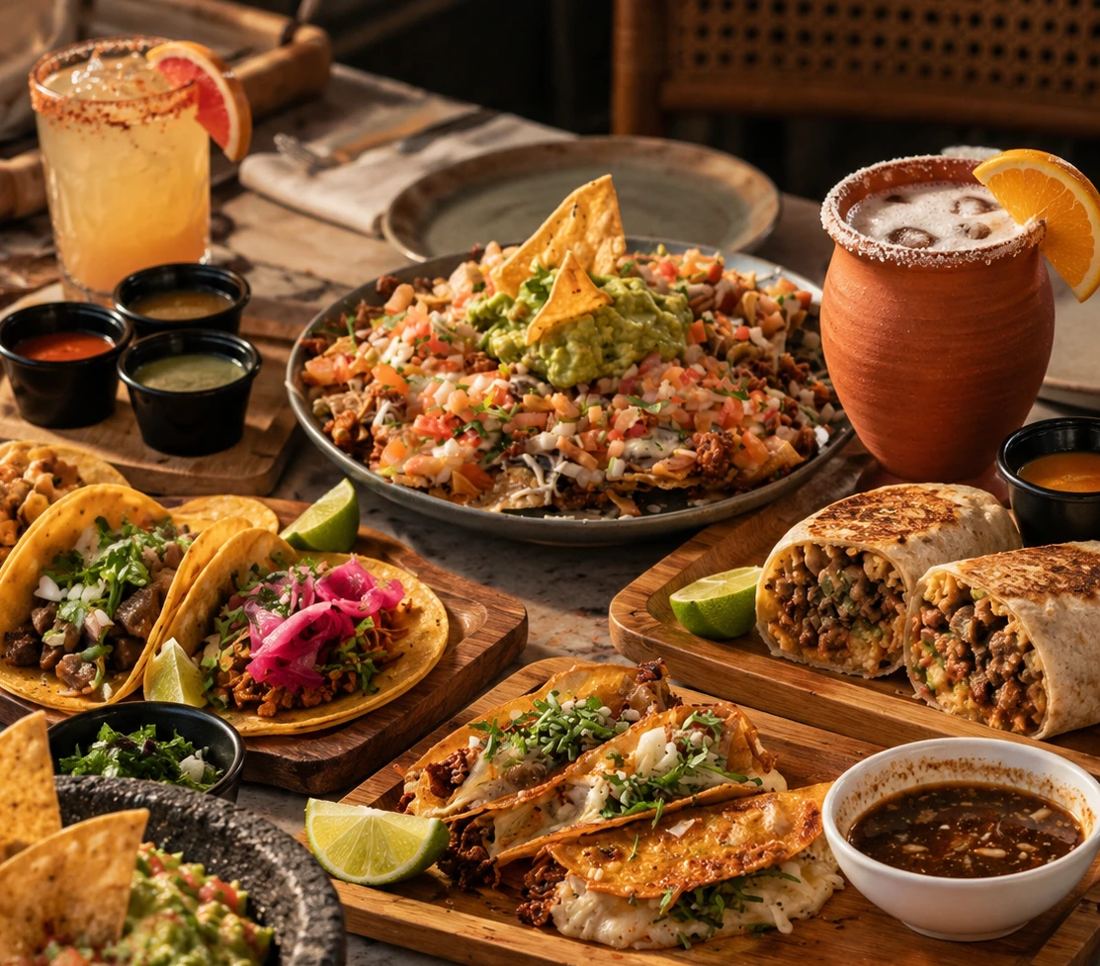 Mesa de comida mexicana para compartir: tacos, nachos, burritos, quesadillas y bebidas