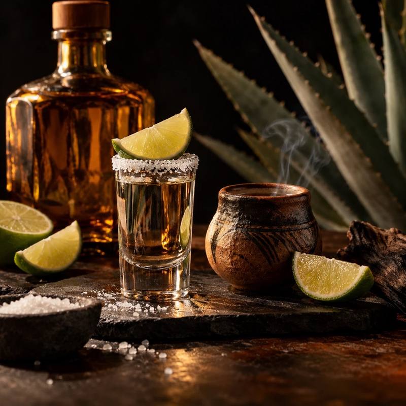 Chupito de tequila con sal y lima, una botella y agave
